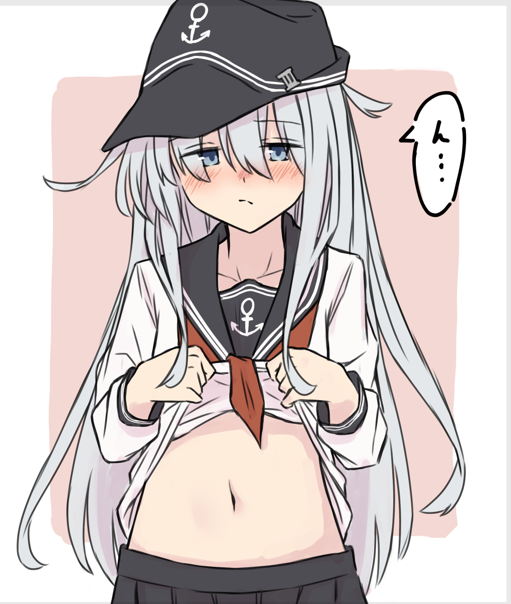 1girl, anchor_symbol, bangs, black_sailor_collar, black_skirt, blue_eyes, blush, clothes_lift
