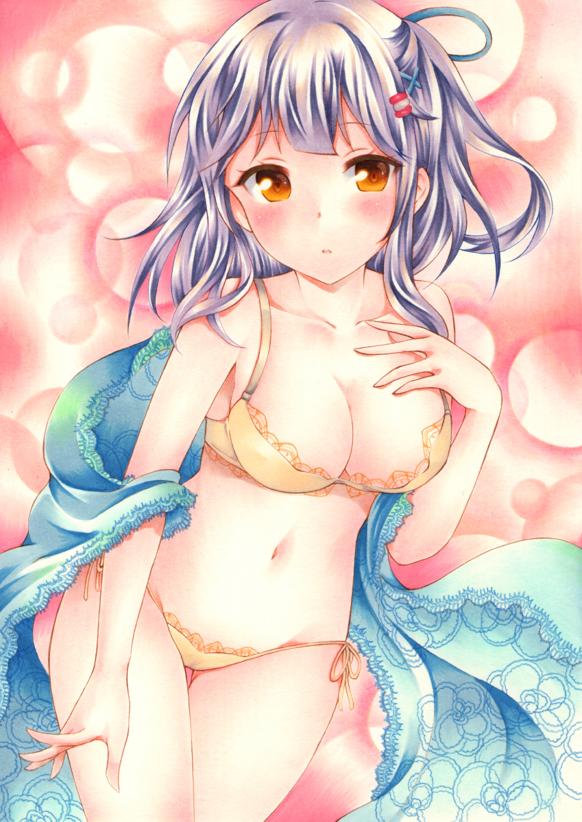 1girl, azur_lane, bangs, blush, bra, breasts, brown_eyes, eyebrows_visible_through_hair, hair_ornament, hairclip, hand_on_own_chest, highres, long_hair, marker_(medium), medium_breasts, mullany_(azur_lane), panties, parted_lips, purple_hair, saya_pr, side-tie_panties, simple_background, solo, traditional_media, underwear, yellow_bra, yellow_panties