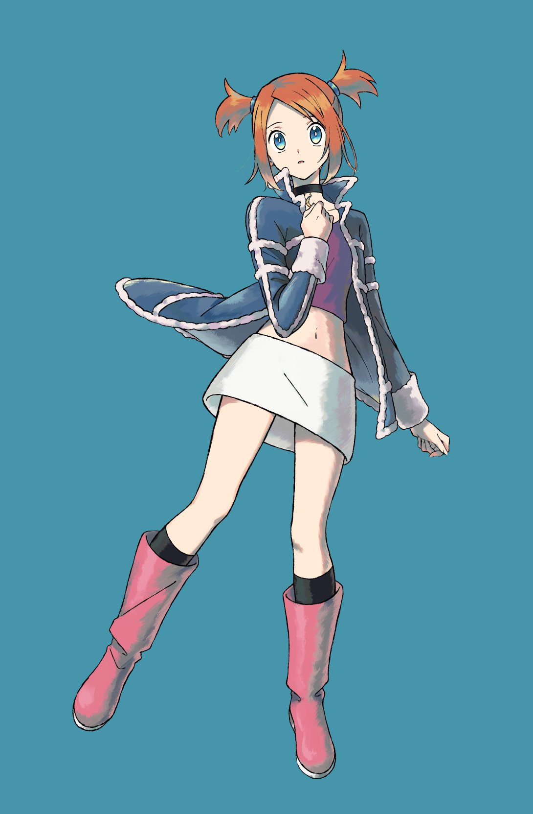 1girl, aqua_background, black_choker, black_legwear, blue_eyes, blue_jacket, boots, choker, commentary_request, eyelashes, full_body, hand_up, highres, ittumozzz, jacket, legs_apart, long_sleeves, navel, open_clothes, open_jacket, orange_hair, pink_footwear, pokemon, pokemon_(game), pokemon_colosseum, purple_shirt, rui_(pokemon), shiny, shiny_hair, shirt, simple_background, skirt, socks, solo, twintails, two_side_up, white_skirt
