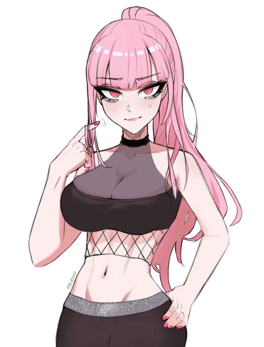 alternate_costume, bangs, bare_shoulders, breasts, eyebrows_visible_through_hair, fishnet_top, fishnets, hand_in_hair, hand_on_hip, highres, hololive, hololive_english, large_breasts, lips, long_hair, looking_at_viewer, midriff, mori_calliope, nail_polish, navel, orouu, pants, pink_eyes, pink_hair, ponytail, see-through, simple_background, strapless, tight, tight_pants, tubetop, virtual_youtuber, white_background