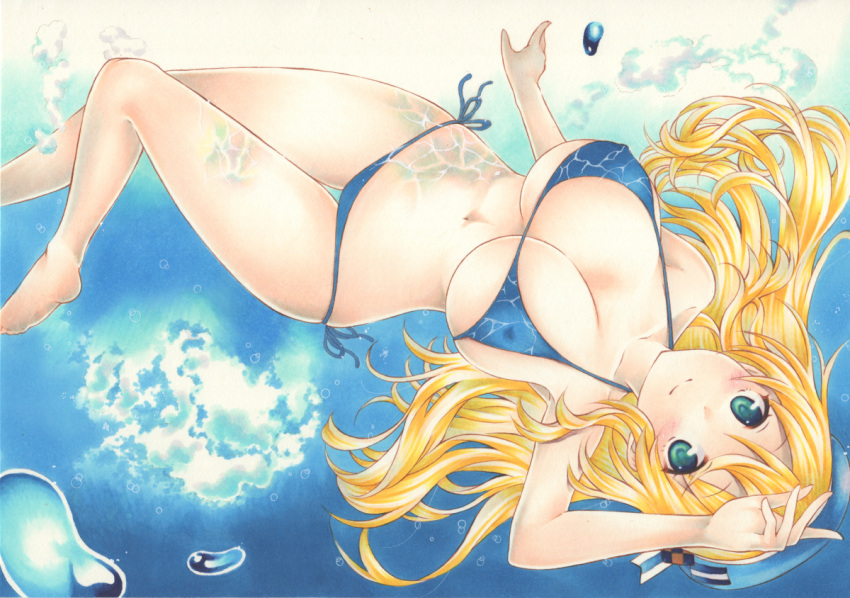 1girl, arm_up, atago_(kancolle), bangs, beret, bikini, blonde_hair, blue_bikini, blue_eyes, blue_headwear, blush, breasts, covered_nipples, hat, kantai_collection, large_breasts, long_hair, marker_(medium), saya_pr, side-tie_bikini, smile, solo, swimsuit, traditional_media, underwater, upside-down