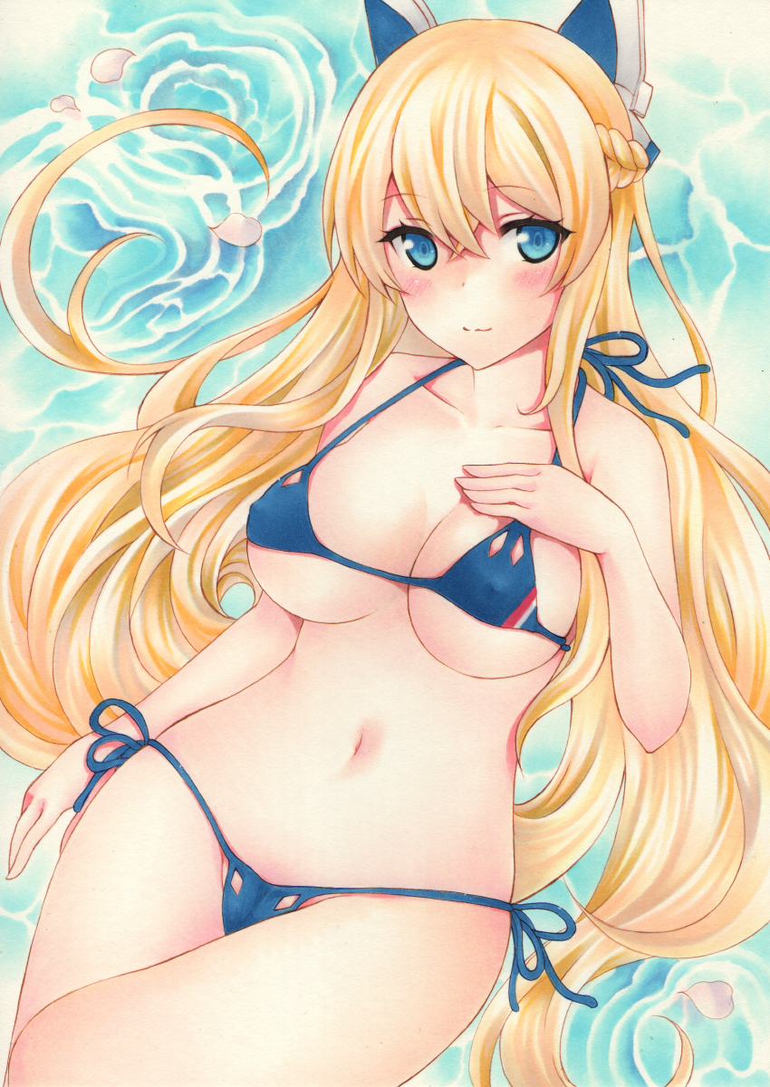 1girl, azur_lane, bangs, bikini, blonde_hair, blue_bikini, blue_eyes, blush