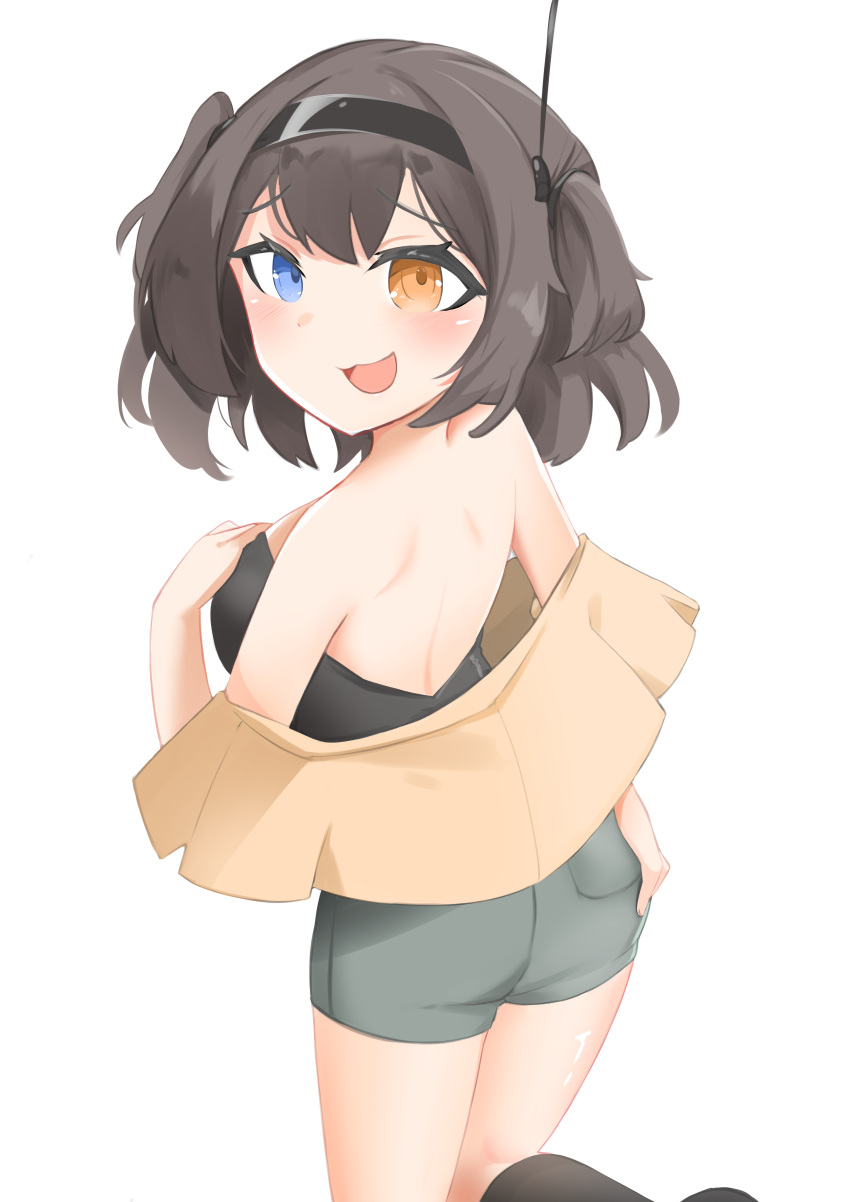 1girl, ass, black_hair, blush, daebom, eyebrows_visible_through_hair, facing_away, female, flat_ass, hand_on_own_ass, headband, headwear, heterochromia, looking_back, one_leg_raised, open_mouth, short_hair, solo, white_background