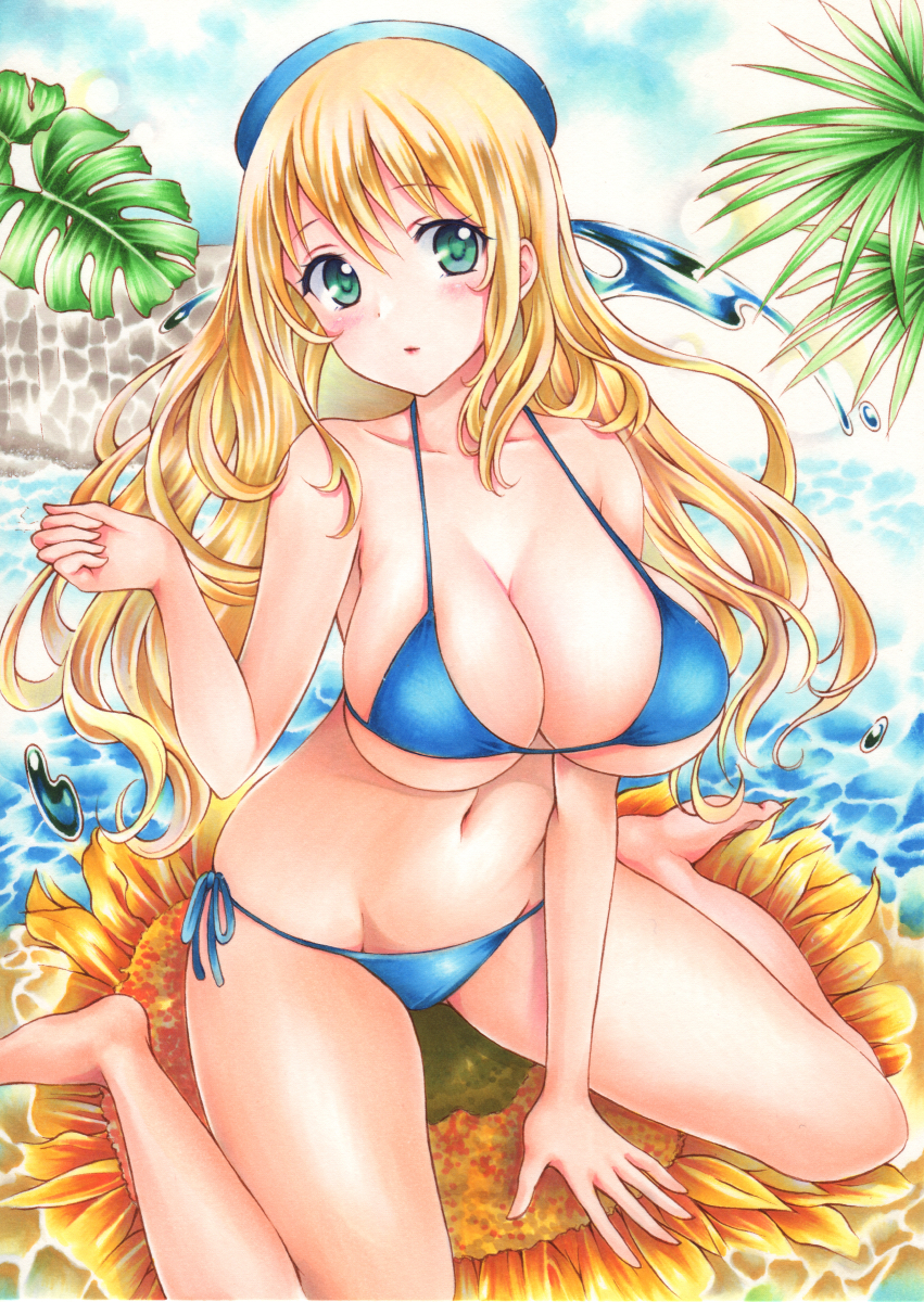 1girl, atago_(kancolle), bangs, barefoot, beret, bikini, blonde_hair, blue_bikini