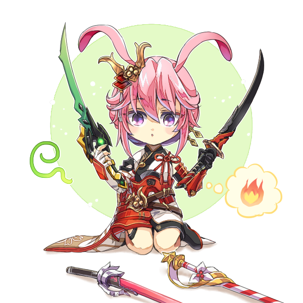 1girl, animal_ears, bangs, dual_wielding, fire, fox_ears, hair_between_eyes, hair_ornament