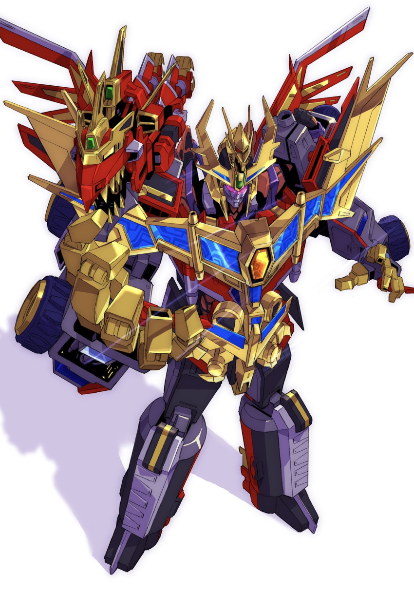 full_body, gridman_universe, highres, kaiser_gridknight, mecha, no_humans, ontama, shadow, shoulder_cannon, ssss.dynazenon, standing, super_robot, white_background, wings