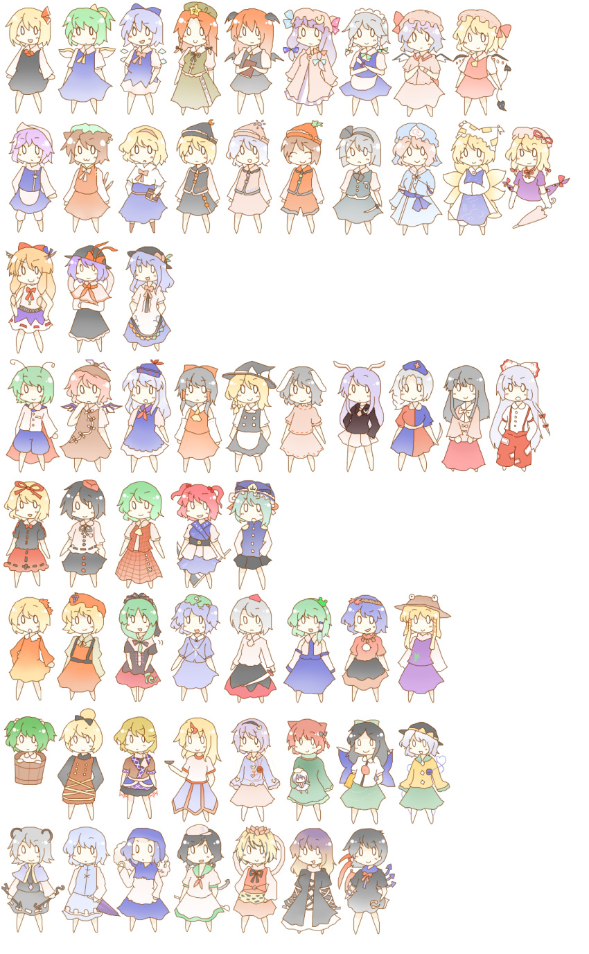 6+girls, aki_minoriko, aki_shizuha, alice_margatroid, bad_id, chen, chibi, cirno, daiyousei, everyone, flandre_scarlet, fujiwara_no_mokou, hakurei_reimu, highres, hijiri_byakuren, hinanawi_tenshi, hong_meiling, horn, hoshiguma_yuugi, houjuu_nue, houraisan_kaguya, ibuki_suika, inaba_tewi, inubashiri_momiji, izayoi_sakuya, kaenbyou_rin, kagiyama_hina, kamishirasawa_keine, kawashiro_nitori, kazami_yuuka, kirisame_marisa, kisume, koakuma, kochiya_sanae, komeiji_koishi, komeiji_satori, konpaku_youmu, kumoi_ichirin, kuroba_mame, kurodani_yamame, letty_whiterock, lunasa_prismriver, lyrica_prismriver, medicine_melancholy, merlin_prismriver, mizuhashi_parsee, moriya_suwako, multiple_girls, murasa_minamitsu, mystia_lorelei, nagae_iku, nazrin, onozuka_komachi, patchouli_knowledge, reisen_udongein_inaba, reiuji_utsuho, remilia_scarlet, rumia, saigyouji_yuyuko, shameimaru_aya, shikieiki_yamaxanadu, su-san, tatara_kogasa, toramaru_shou, touhou, unzan, wriggle_nightbug, yagokoro_eirin, yakumo_ran, yakumo_yukari, yasaka_kanako, zombie_fairy