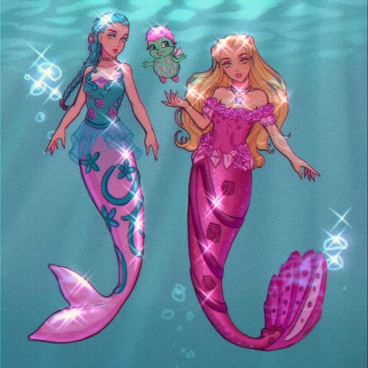 1990s_(style), 2girls, barbie_(character), barbie_(franchise), barbie_fairytopia_(film_series), blonde_hair, blue_eyes, blue_hair, blue_shirt, braid, bubble, butterfly_necklace, choker, creature, elina_(barbie), fins, floral_print, flower, frills, green_eyes, hair_slicked_back, halter_top, halterneck, hand_up, jewelry, long_hair, luverihu, mermaid, monster_girl, multiple_girls, necklace, nori_(barbie), ocran, overskirt, pet, pink_shirt, pink_tail, red_lips, redrawn, retro_artstyle, rose, rose_print, shiny, shiny_hair, shirt, sparkle, tan, underwater, yuri