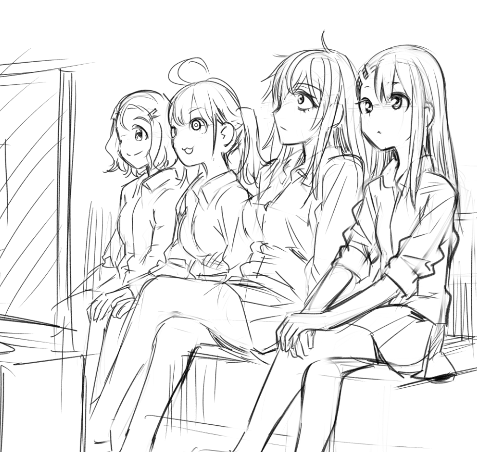 4girls, 774_(nanashi), :3, ahoge, bangs, gaijin_4koma, gamou_maki, greyscale