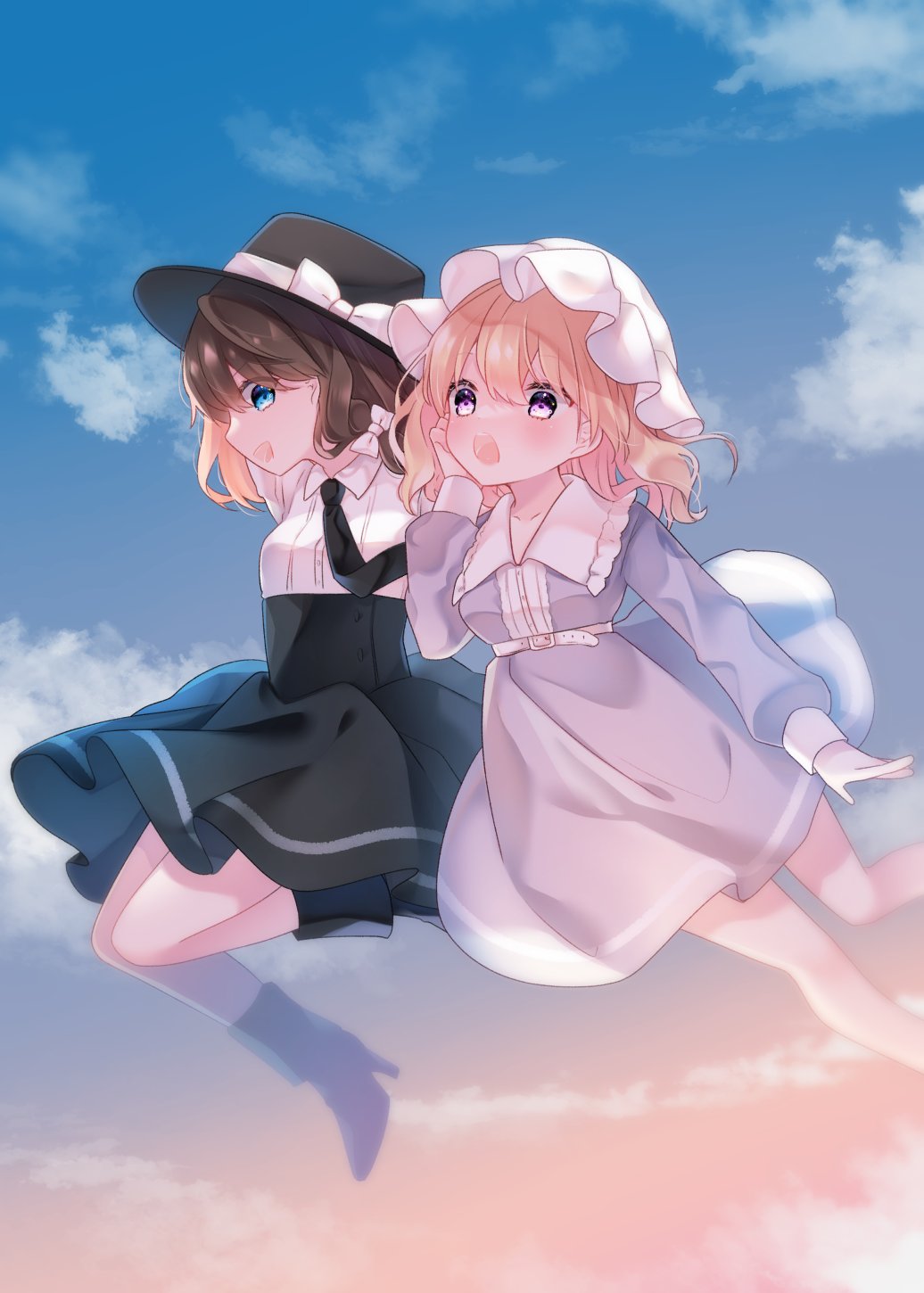 2girls, :d, :o, black_dress, blonde_hair, blue_eyes, blurry, blush