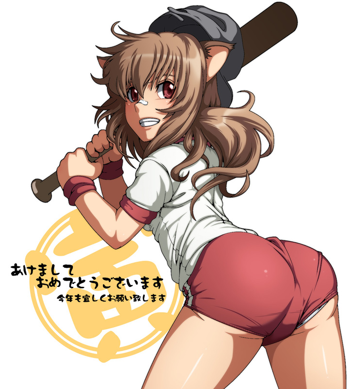 ass, baseball_bat, bat, brown_eyes, brown_hair, buruma, gym_uniform, hands, hat, love_bulge, original, panties, pantyshot, solo, tabigarasu, underwear, white_panties