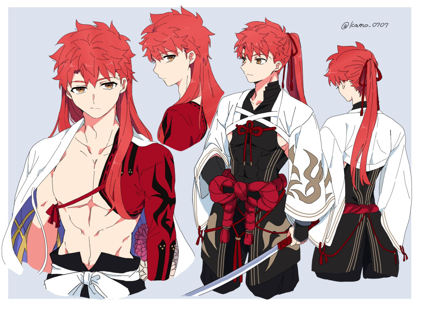 1boy, alternate_hair_length, alternate_hairstyle, bangs, cape, character_sheet, cowboy_shot, emiya_shirou