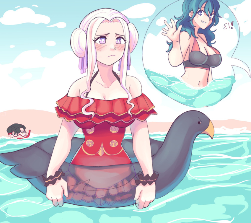 1boy, 2girls, beach, bikini, bikini_top, black_bikini_top, black_hair, blue_eyes