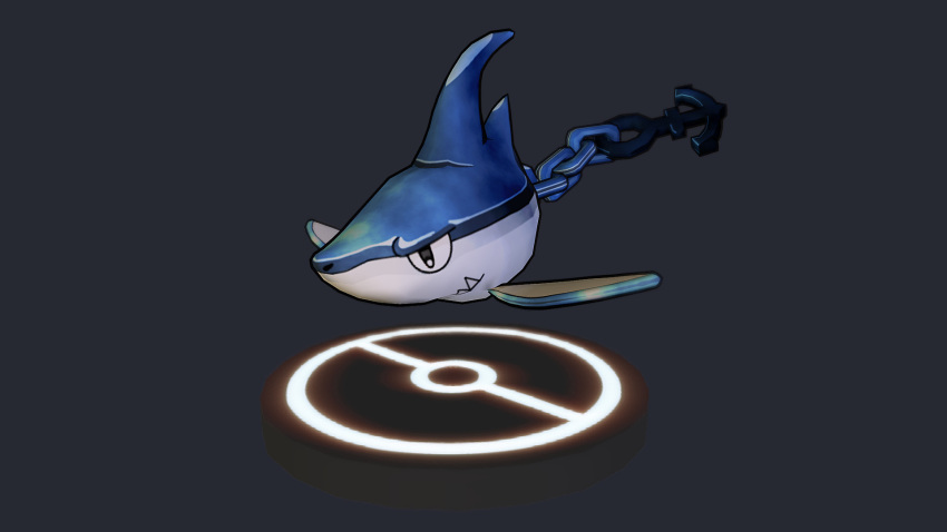 3d, anchor, cel_shading, chain, closed_mouth, commentary, english_commentary, full_body, grey_background, grey_eyes, highres, ikari_(pokemon), juan_beltran, no_humans, outline, poke_ball_symbol, pokemon, pokemon_(creature), pokemon_gsc_(prototype), shark, sharp_teeth, shiny, solo, teeth