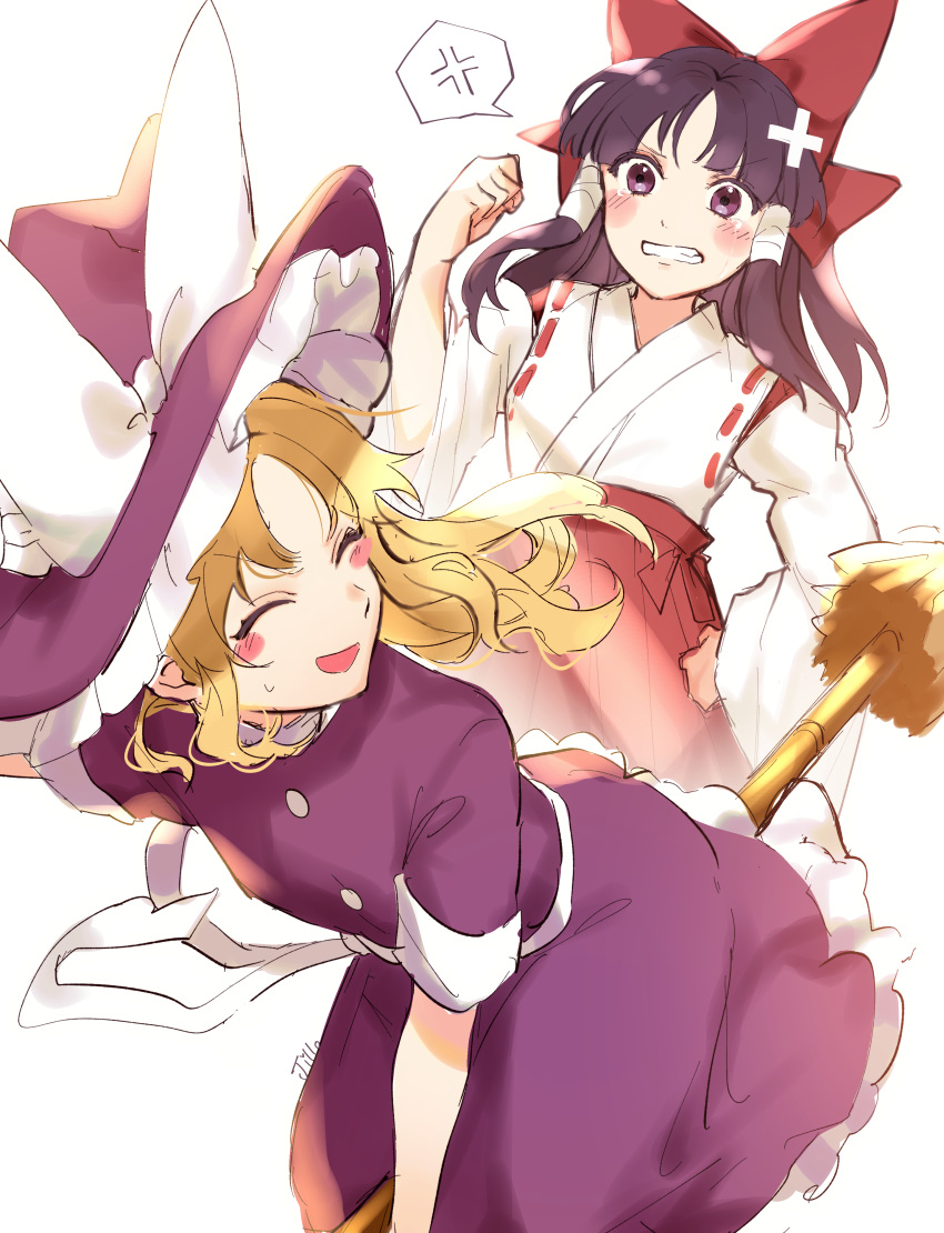 2girls, absurdres, annoyed, bangs, blonde_hair, blush, bow, broom