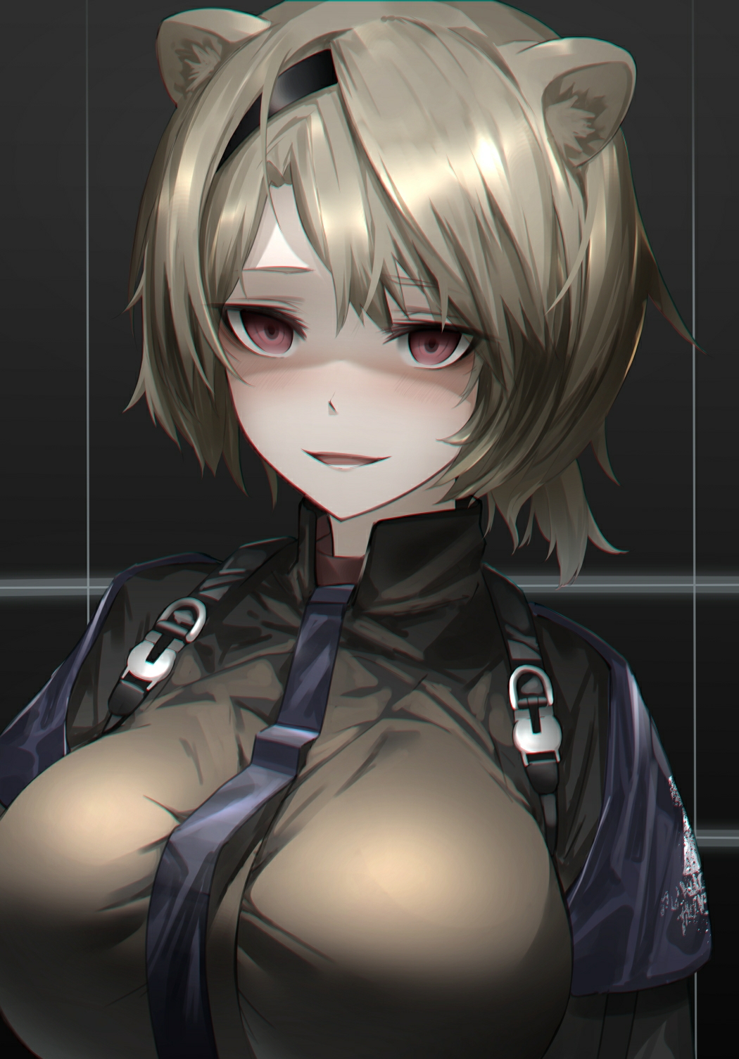 1girl, absinthe_(arknights), animal_ears, arknights, bear_ears, bear_girl, black_neckwear, black_shirt, breasts, commentary_request, grey_hair, grey_jacket, highres, jacket, kureneko, large_breasts, looking_at_viewer, necktie, open_mouth, red_eyes, shirt, short_hair, smile, solo, upper_body, yandere