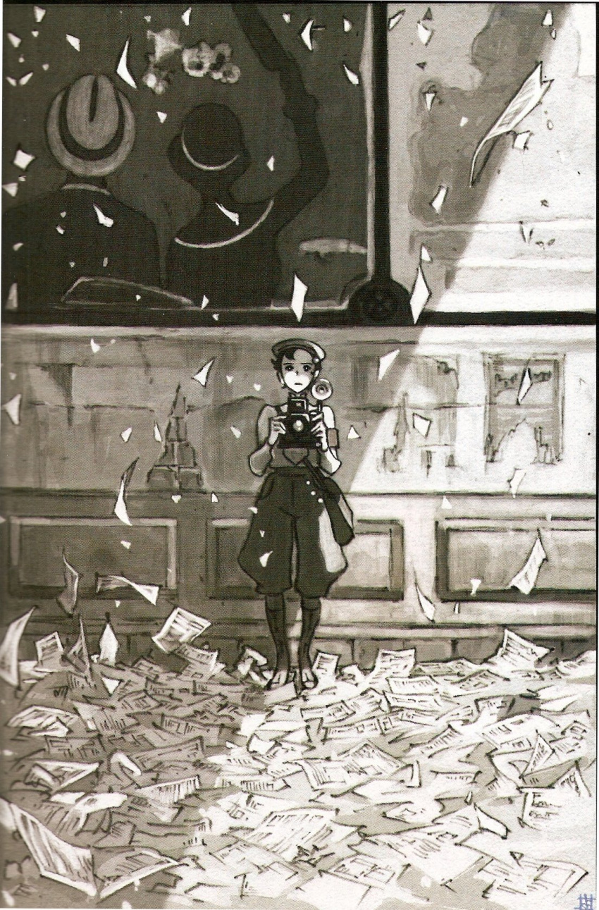 flying_paper, fran_doll, gundam, highres, monochrome, paper, scan, solo, turn_a_gundam