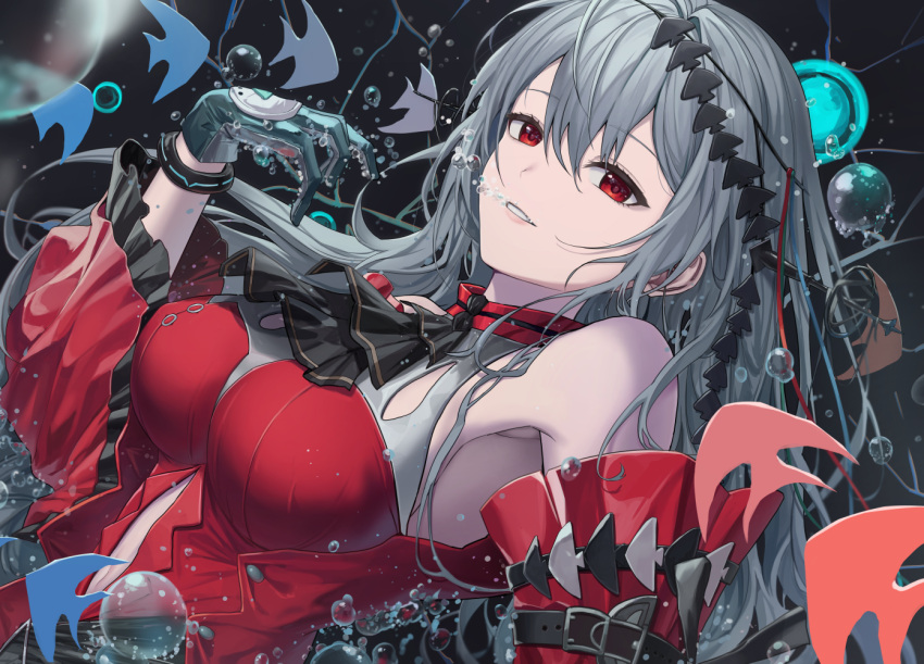 1girl, air_bubble, aqua_gloves, arknights, armpits, ascot, bangs, bare_shoulders