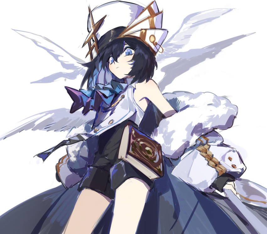 1girl, alchemy_stars, armpit_peek, ascot, bangs, bare_shoulders, bird_wings, black_hair