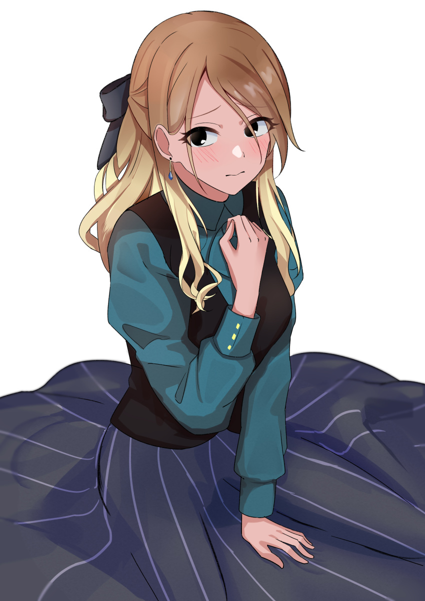 1girl, absurdres, black_eyes, blonde_hair, blouse, blush, bow, bowtie
