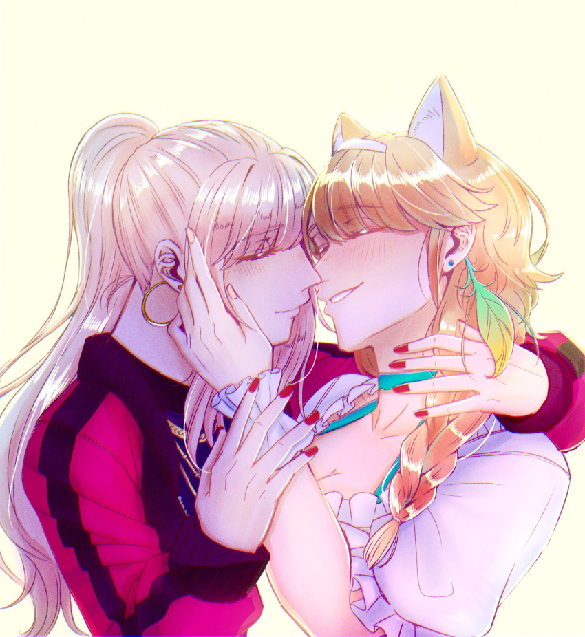 2girls, animal_ears, blush, cat_ears, choker, closed_eyes, couple, earrings, feather_earrings, feathers, gradient_hair, hand_on_another's_head, highres, hololive, hololive_english, hoop_earrings, hug, imminent_kiss, incoming_kiss, jacket, jewelry, looking_at_another, mori_calliope, multicolored_hair, multiple_girls, official_alternate_costume, orange_hair, pink_hair, ponytail, red_nails, siki_222, takanashi_kiara, track_jacket, wife_and_wife, yuri