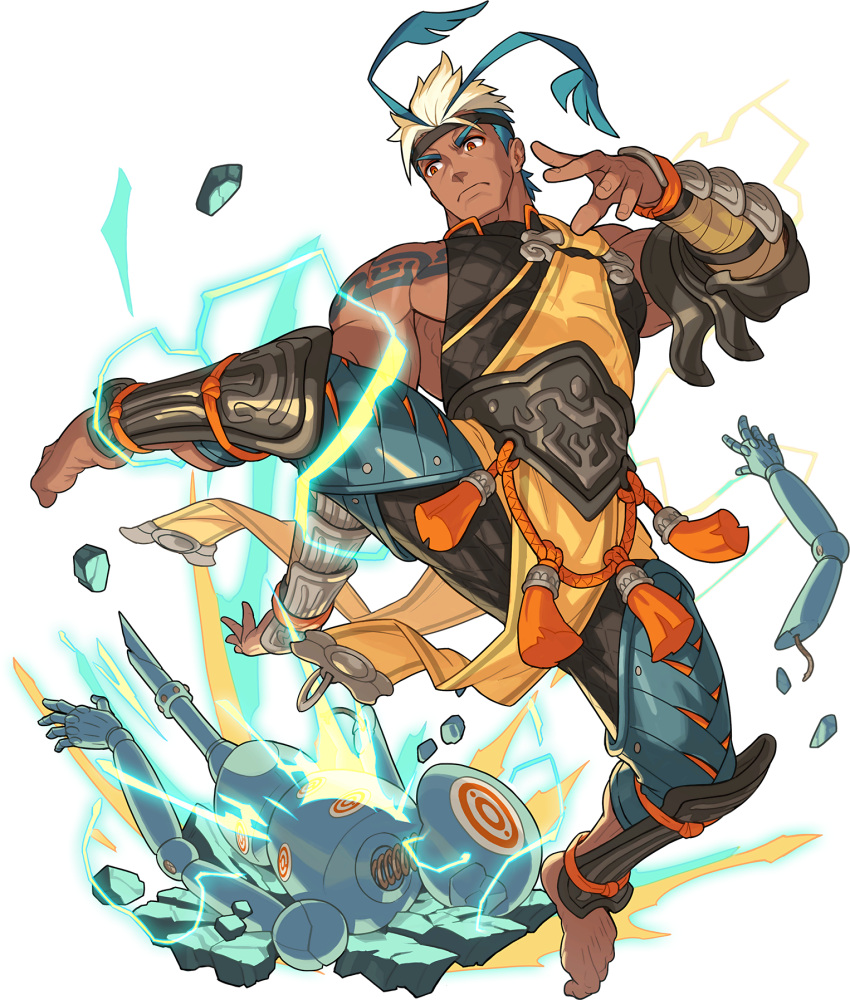 1boy, antenna_hair, arm_up, artist_request, bangs, barak_(world_flipper), bare_shoulders, barefoot, belt, black_bodysuit, black_headband, blonde_hair, blue_hair, bodysuit, closed_mouth, dark-skinned_male, dark_skin, doll, dummy, electricity, eyeshadow, full_body, greaves, headband, highres, jumping, kicking, leg_up, makeup, male_focus, multicolored_hair, muscular, muscular_male, non-web_source, official_art, orange_eyes, orange_eyeshadow, outstretched_arm, pectorals, pelvic_curtain, rope, short_hair, shoulder_tattoo, sidepec, sleeveless_bodysuit, solo, spread_legs, spring_(object), target, tattoo, transparent_background, two-tone_hair, v-shaped_eyebrows, vambraces, world_flipper
