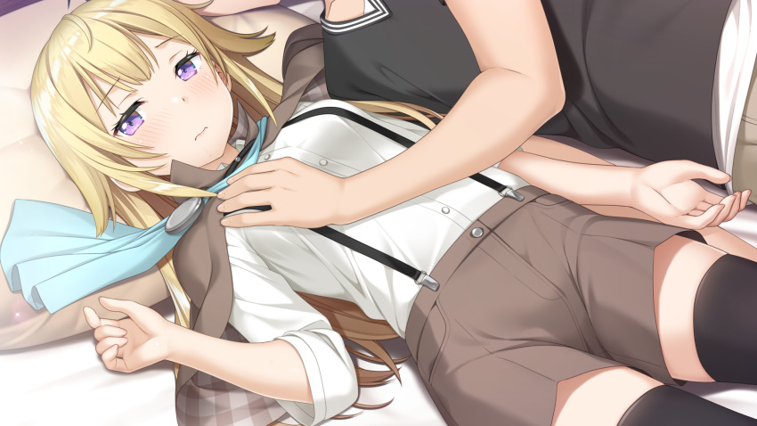1boy, 1girl, bangs, black_legwear, black_shirt, blonde_hair, blue_neckwear, breast_grab, breasts, brown_capelet, brown_shorts, capelet, closed_mouth, collarbone, couple, dress_shirt, eyebrows_visible_through_hair, game_cg, grabbing, highres, kamisama_no_you_na_kimi_e, kantoku, lana_liddell-hart, long_hair, long_sleeves, lying, official_art, on_back, on_side, shiny, shiny_hair, shiromae_kaito, shirt, short_shorts, shorts, small_breasts, straight_hair, suspender_shorts, suspenders, thigh-highs, violet_eyes, white_shirt, zettai_ryouiki