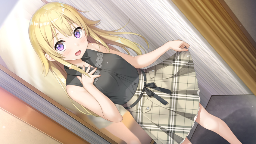 1girl, :d, bangs, black_shirt, blonde_hair, breasts, collared_shirt, dress_shirt