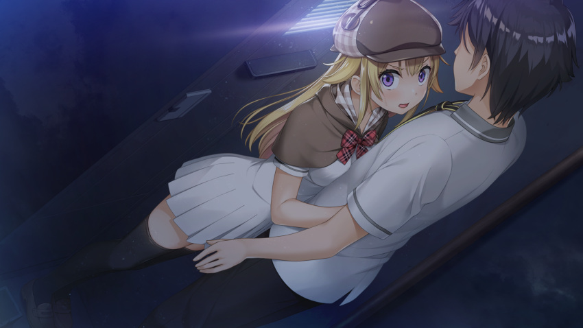 1boy, 1girl, bangs, black_hair, black_legwear, black_neckwear, black_pants, blonde_hair