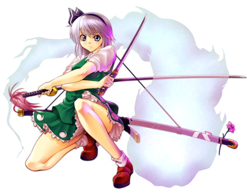 dual_wielding, flower, frown, ghost, highres, katana, konpaku_youmu, konpaku_youmu_(ghost)