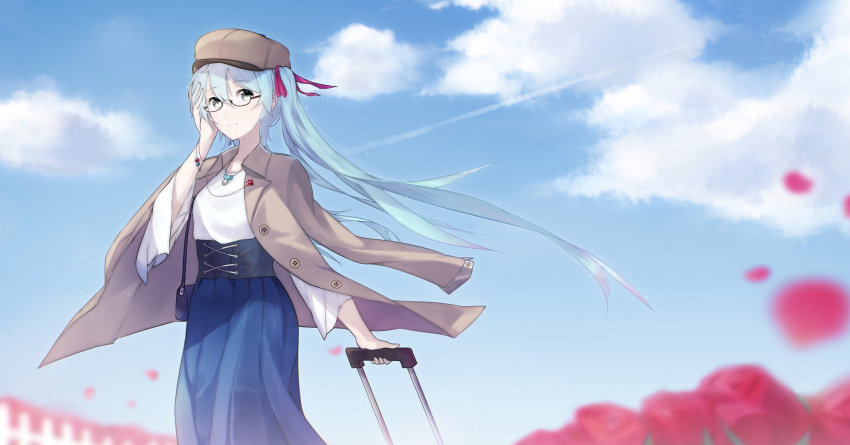1girl, bangs, blue_hair, blue_skirt, blue_sky, blurry, blurry_foreground, bracelet