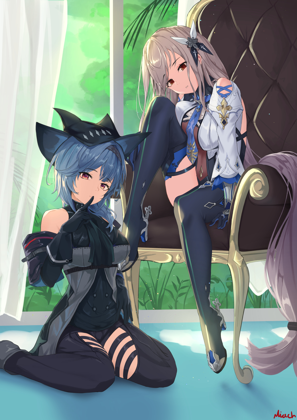 2girls, arknights, arm_cuffs, ascot, bangs, bare_shoulders, black_footwear, black_gloves, black_hairband, black_headwear, black_legwear, black_neckwear, black_pants, black_shirt, black_sleeves, blue_hair, blue_neckwear, boots, breasts, closed_mouth, clothing_cutout, commentary, cosplay, costume_switch, curtains, detached_sleeves, eula_(genshin_impact), eula_(genshin_impact)_(cosplay), eyebrows_visible_through_hair, finger_to_mouth, full_body, genshin_impact, gloves, grey_jacket, hair_ornament, hairband, hand_up, hat, high_heel_boots, high_heels, highres, indoors, jacket, large_breasts, leotard, long_hair, long_sleeves, looking_at_viewer, multiple_girls, necktie, nev_(nevblindarts), on_chair, pants, parted_lips, red_eyes, satou_rina, seiyuu_connection, shirt, shoulder_cutout, shushing, signature, silver_hair, sitting, skadi_(arknights), skadi_(arknights)_(cosplay), thigh-highs, thigh_boots, thigh_cutout, very_long_hair, violet_eyes