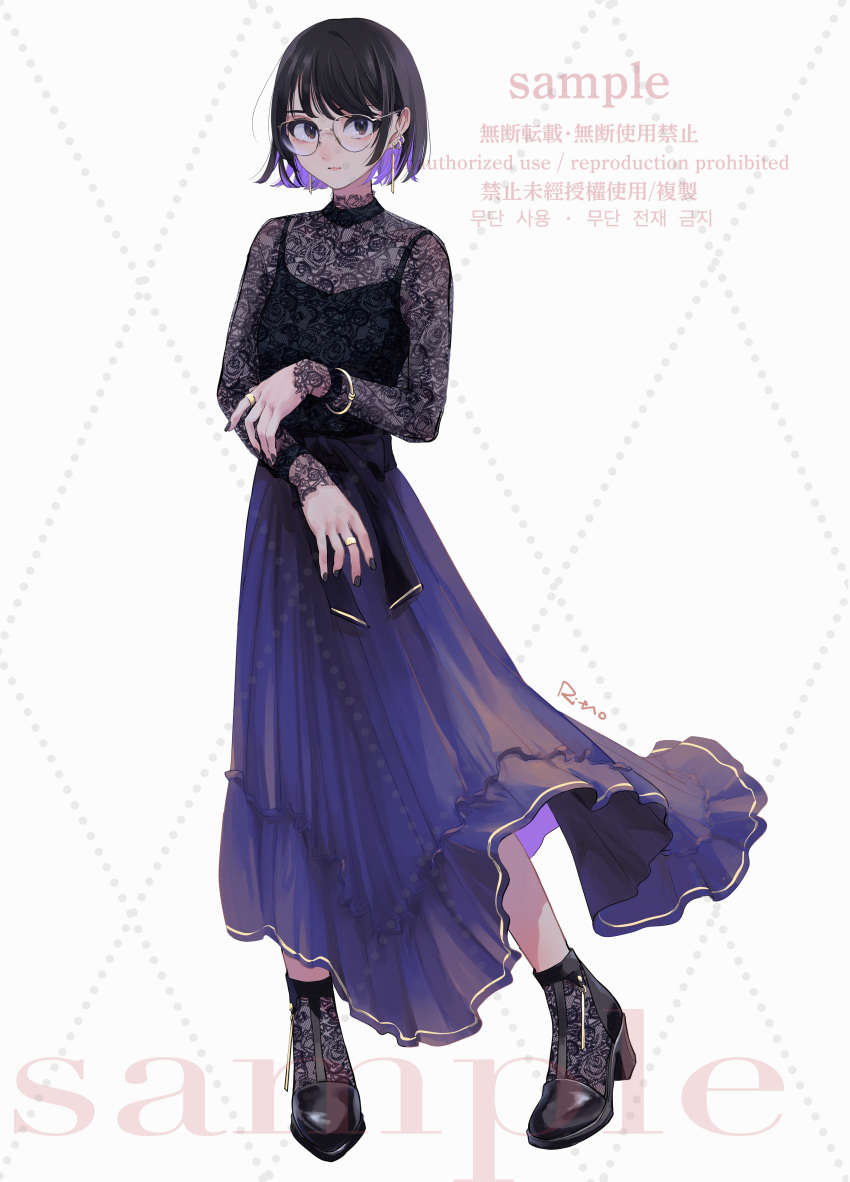 1girl, absurdres, bangle, black_eyes, black_footwear, black_hair, black_nails, black_shirt