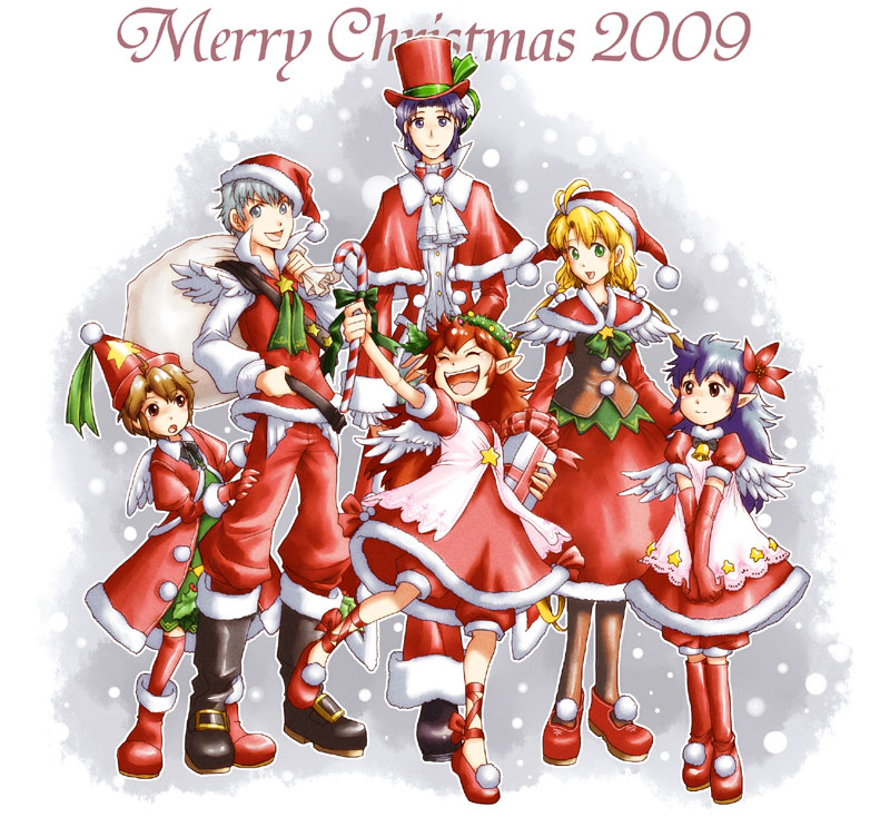 allegretto, beat, beat_(trusty_bell), blonde_hair, blue_hair, boots, brown_hair, christmas
