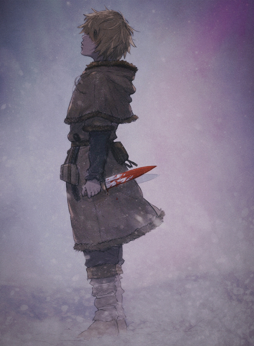 1boy, awarin, blonde_hair, blood, bloody_weapon, fur_trim, highres, holding
