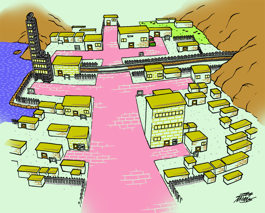 building, commentary, door, english_commentary, fence, goldenrod_city, no_humans, outdoors