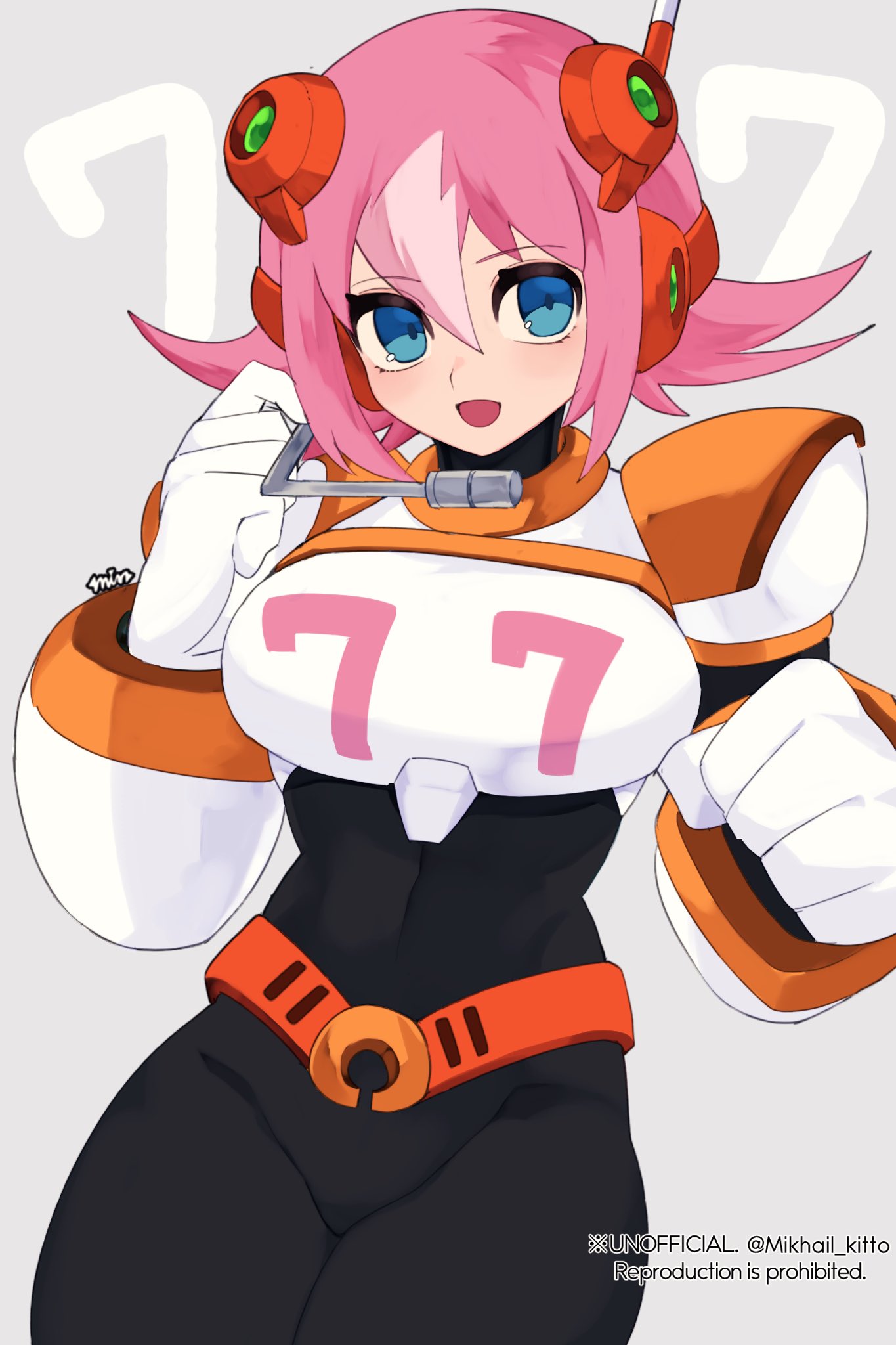 1girl, android, belt, black_bodysuit, blue_eyes, bodysuit, hair_between_eyes, headset