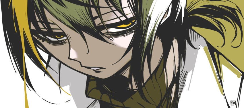 1girl, angry_num, bags_under_eyes, blonde_hair, close-up, coat, green_sweater, grey_hair
