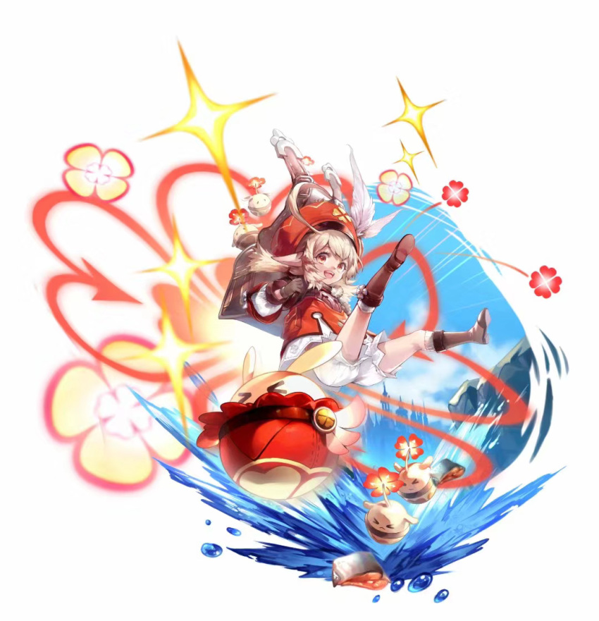 1girl, :d, ahoge, backpack, bag, bangs, bloomers, boots