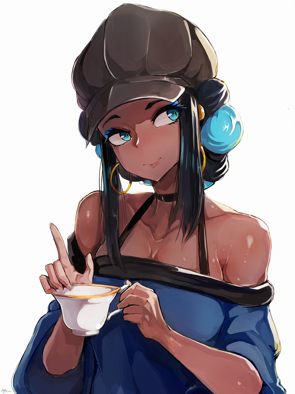1girl, aqua_eyes, aqua_hair, artist_name, bare_shoulders, black_hair, black_headwear, blue_eyeshadow, breasts, choker, closed_mouth, collarbone, commentary_request, cup, dark_skin, earrings, eyeshadow, gym_leader, hat, highres, holding, holding_cup, hoop_earrings, jewelry, korean_commentary, long_hair, looking_away, looking_to_the_side, makeup, mascara, multicolored_hair, my700, nessa_(pokemon), off-shoulder_shirt, off_shoulder, official_alternate_costume, pokemon, pokemon:_twilight_wings, pokemon_(game), pokemon_swsh, shirt, signature, smile, solo, teacup, two-tone_hair, upper_body