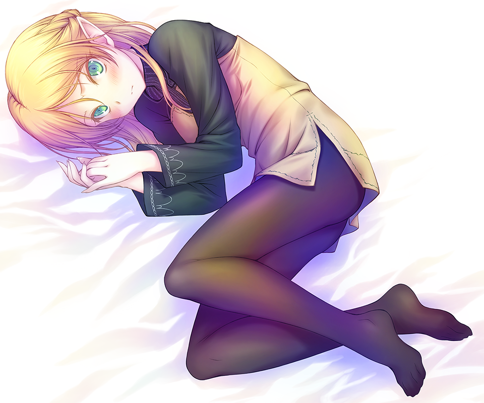 1girl, acidheadgt, black_legwear, blonde_hair, blush, braid, dress, elf