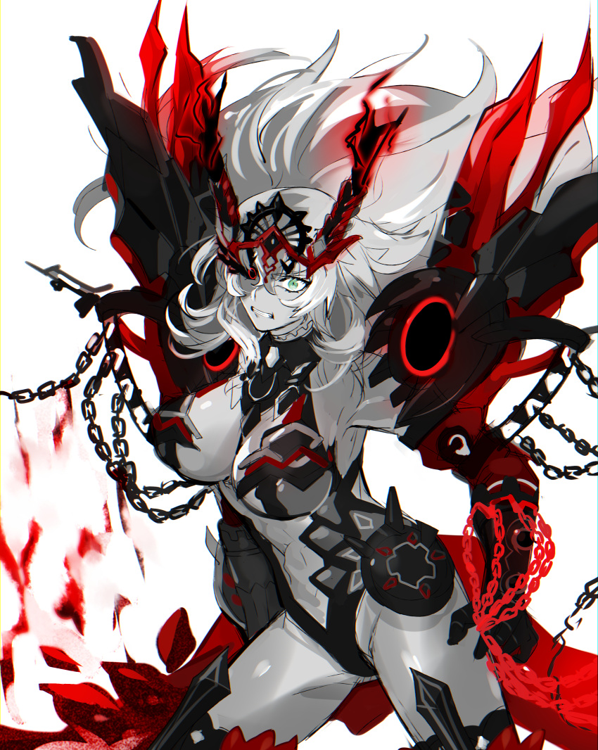 1girl, absurdres, black_sclera, breasts, chain, clenched_teeth, colored_sclera, fate/grand_order