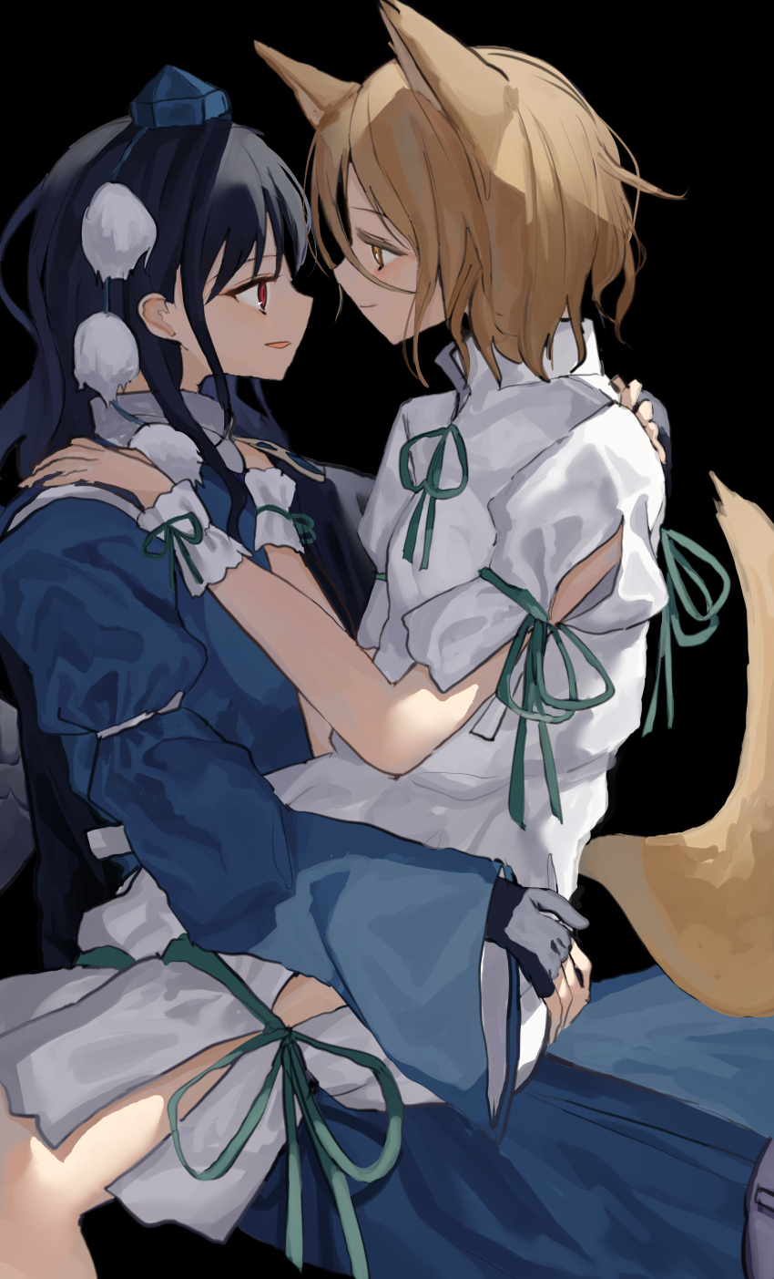 2girls, absurdres, animal_ears, bangs, black_background, black_gloves, black_hair, blonde_hair