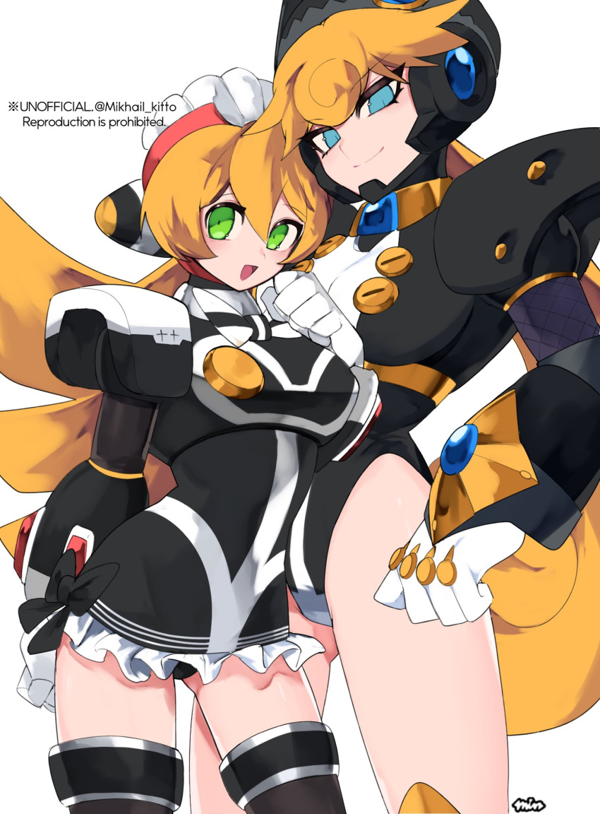 2girls, alternate_color, android, armored_leotard, blonde_hair, blue_eyes, boots, breasts, cinnamon, cinnamon_(mega_man), green_eyes, headgear, highres, long_hair, marino, marino_(mega_man), mega_man_(series), mega_man_x_(series), mikhail_kitto, multiple_girls, robot, robot_ears, thigh-highs, thigh_boots, thighs, twitter_username, white_background