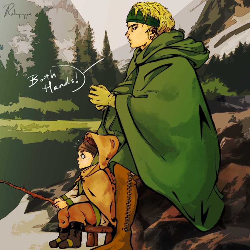 1boy, 1girl, blonde_hair, cape, child, english_text, fishing, forest