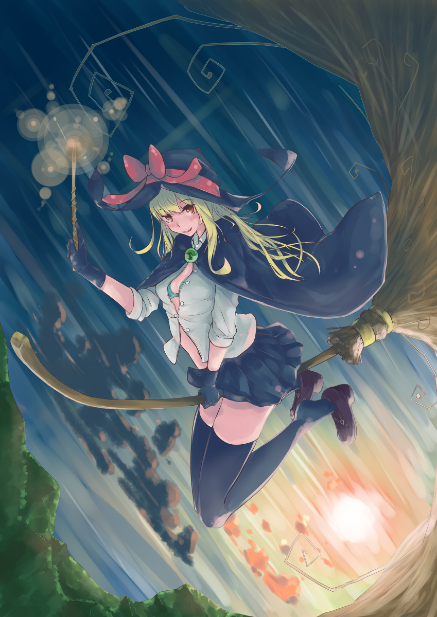 1girl, ahuromasuta, aqua_bra, bangs, black_capelet, black_gloves, black_headwear, black_legwear, black_skirt, bra, broom, brown_footwear, capelet, collared_shirt, gloves, green_hair, hat, hat_ribbon, highres, miniskirt, orange_eyes, original, red_ribbon, ribbon, shirt, skirt, underwear, wand, witch
