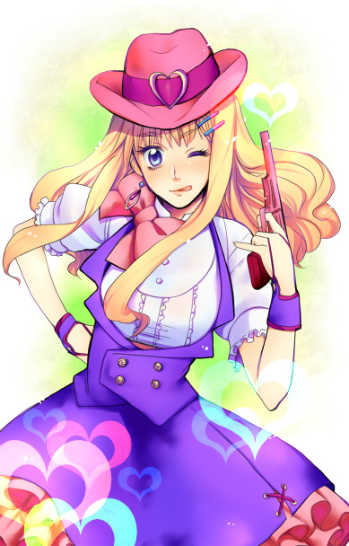 blonde_hair, blue_eyes, cowboy_hat, dress, earrings, gun, hair_ornament, hairclip