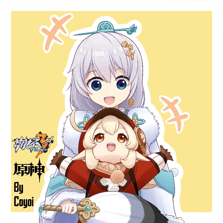 +++, 2girls, :d, ahoge, arms_up, artist_name, bangs, blue_eyes, brown_eyes, brown_gloves, cabbie_hat, chinese_clothes, clover_print, coat, commentary_request, company_connection, copyright_name, coyoi_(scorching_moon), crossover, earrings, eyebrows_visible_through_hair, fan, fur_scarf, genshin_impact, gloves, hair_between_eyes, hair_ornament, hat, hat_feather, holding, honkai_(series), honkai_impact_3rd, hualing, jewelry, klee_(genshin_impact), light_brown_hair, logo, long_hair, looking_at_another, looking_down, looking_up, low_twintails, multiple_girls, open_mouth, outstretched_arms, pointy_ears, red_coat, red_headwear, seiyuu_connection, sidelocks, silver_hair, simple_background, size_difference, smile, spread_arms, theresa_apocalypse, theresa_apocalypse_(starlit_astrologos), twintails, two-tone_background, wide_sleeves, yellow_background