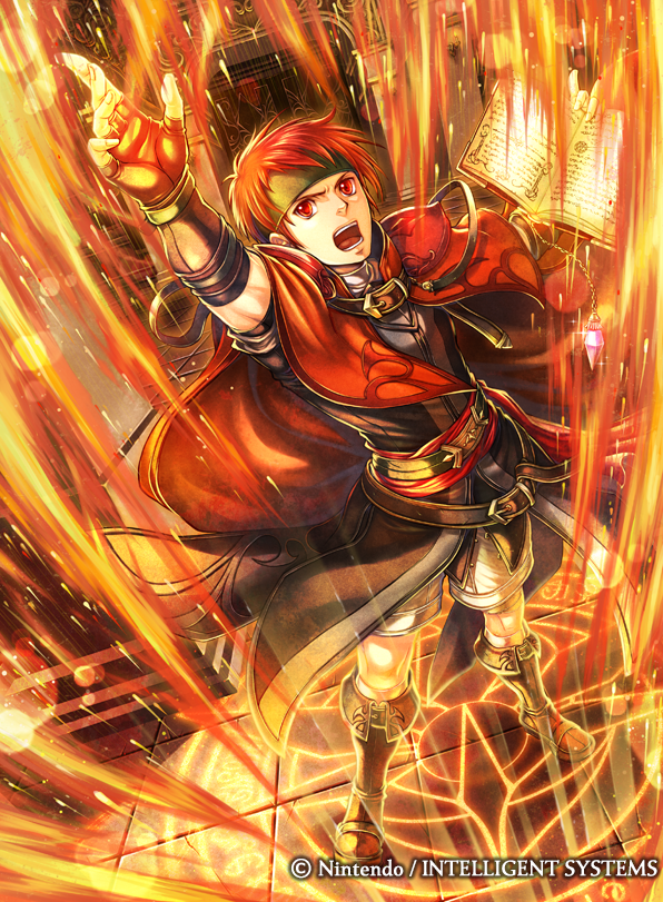 1boy, arm_up, bangs, belt, boots, cape, company_name, fire
