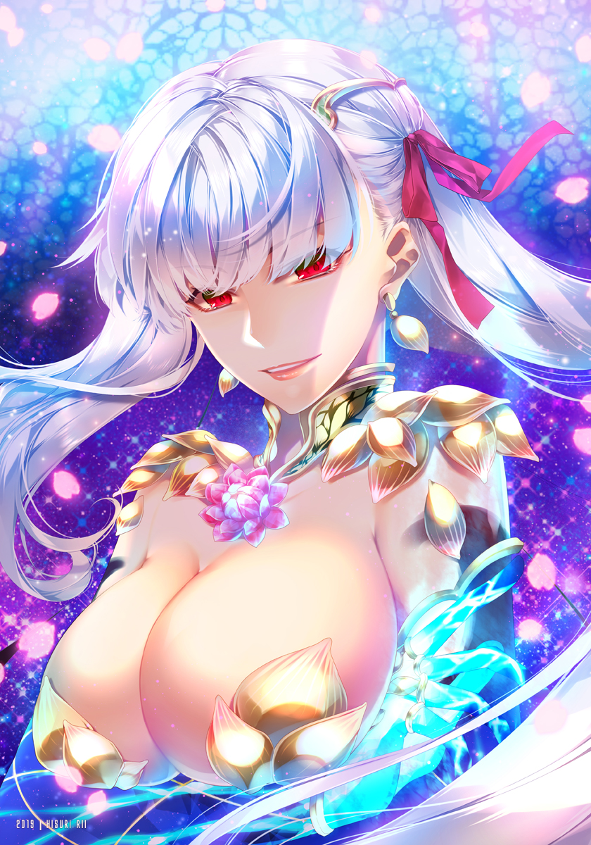 1girl, breasts, earrings, fate/grand_order, fate_(series), flower, hair_ribbon, highres